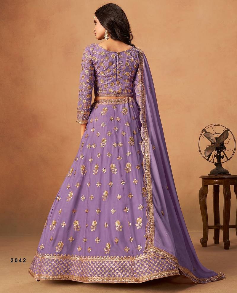Lavender Organza Embroidered Semi Stitched Lehenga Choli Size Up To 42