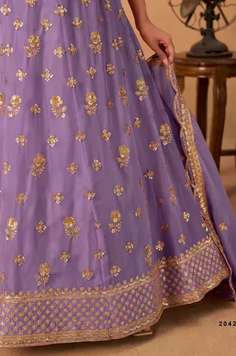 Lavender Organza Embroidered Semi Stitched Lehenga Choli Size Up To 42