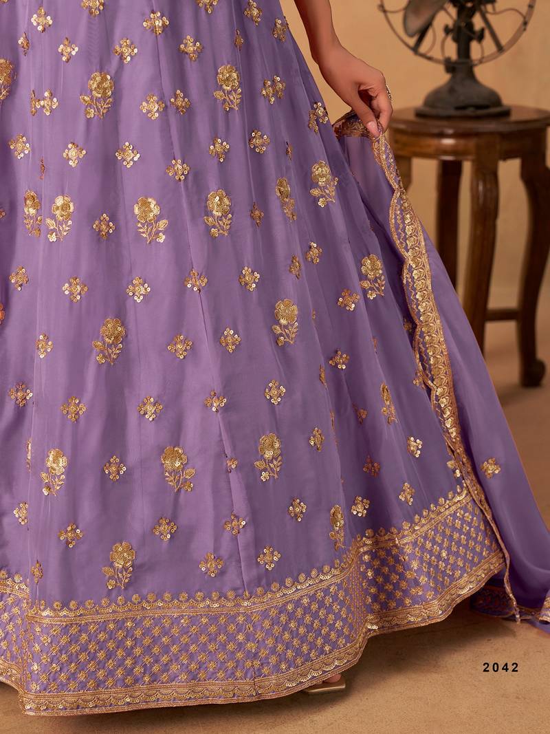 Lavender Organza Embroidered Semi Stitched Lehenga Choli Size Up To 42