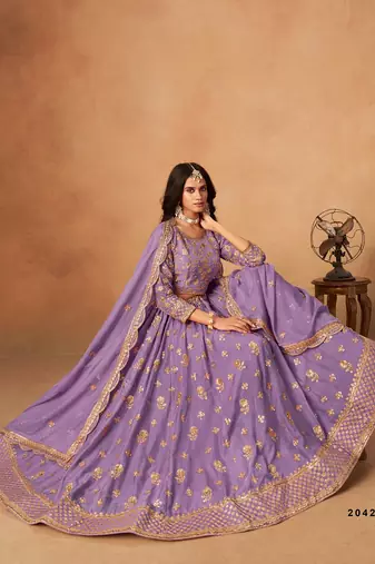 Lavender Organza Embroidered Semi Stitched Lehenga Choli Size Up To 42
