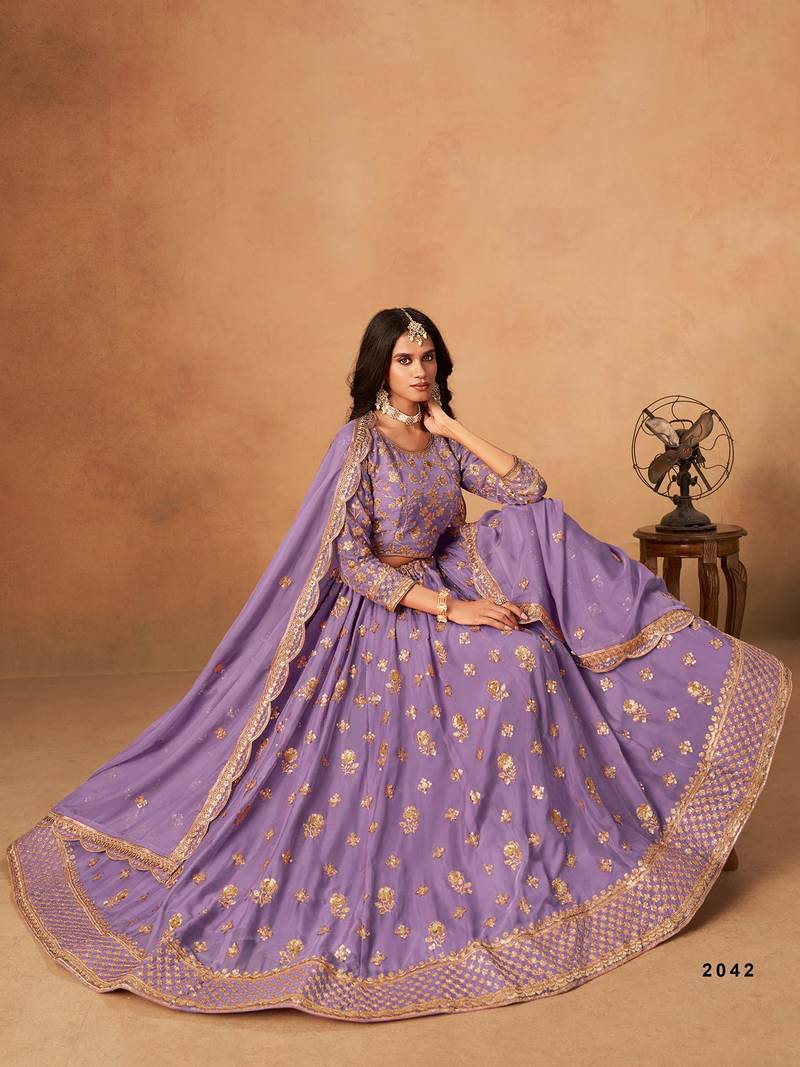Lavender Organza Embroidered Semi Stitched Lehenga Choli Size Up To 42