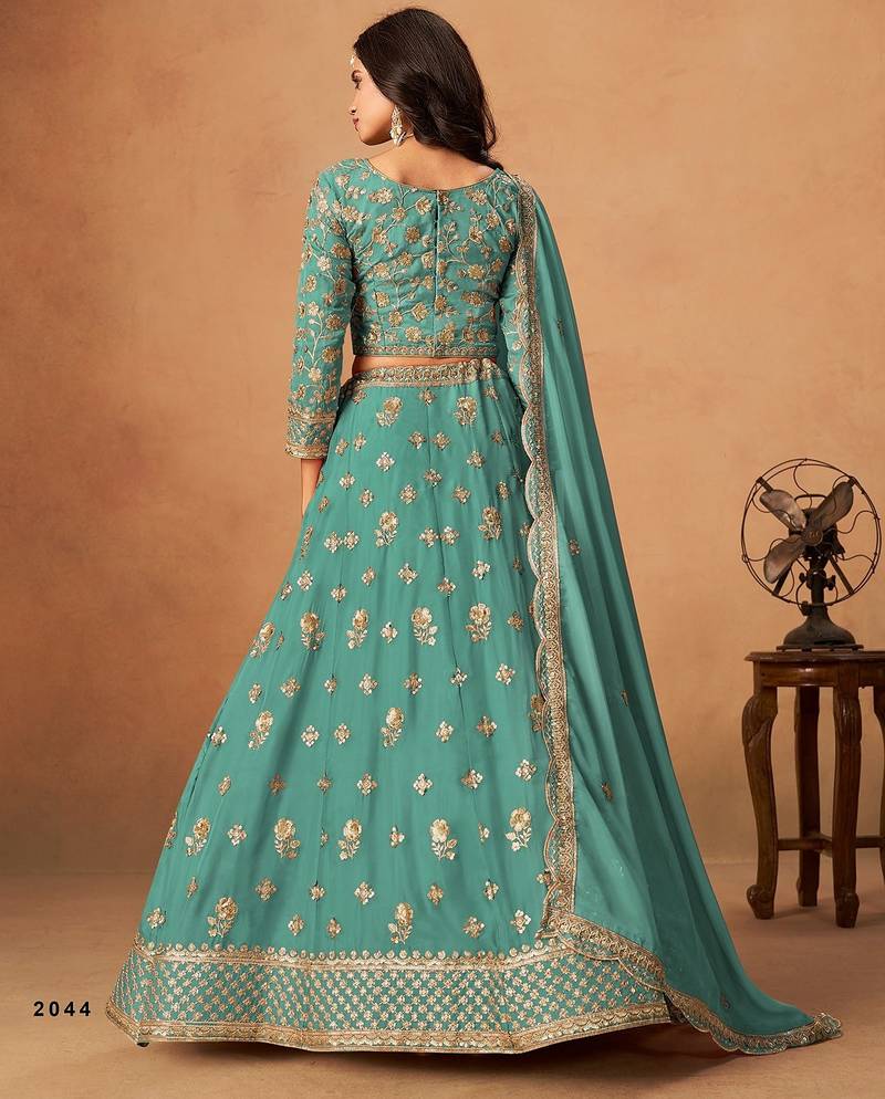 Sea Green Organza Embroidered Semi Stitched Lehenga Choli Size Up To 42