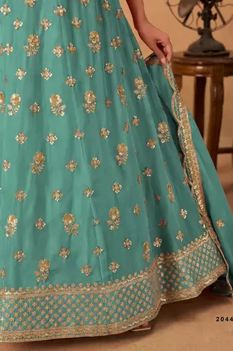 Sea Green Organza Embroidered Semi Stitched Lehenga Choli Size Up To 42