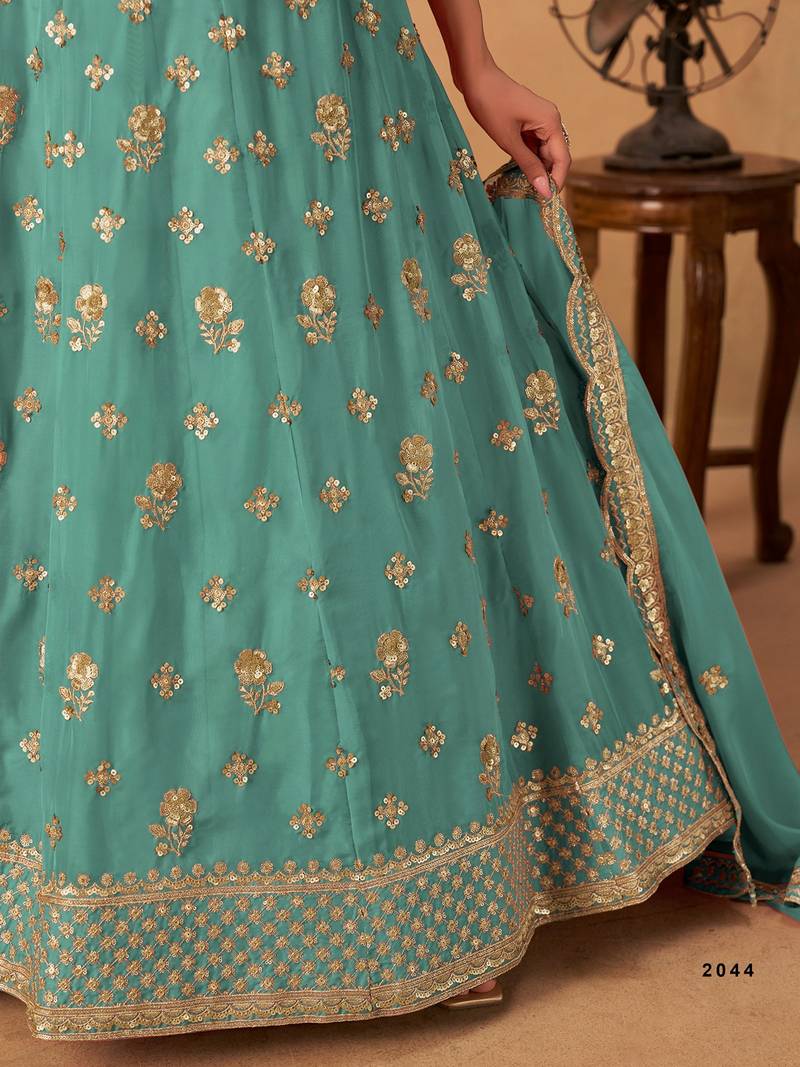 Sea Green Organza Embroidered Semi Stitched Lehenga Choli Size Up To 42