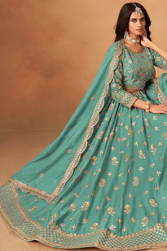 Sea Green Organza Embroidered Semi Stitched Lehenga Choli Size Up To 42