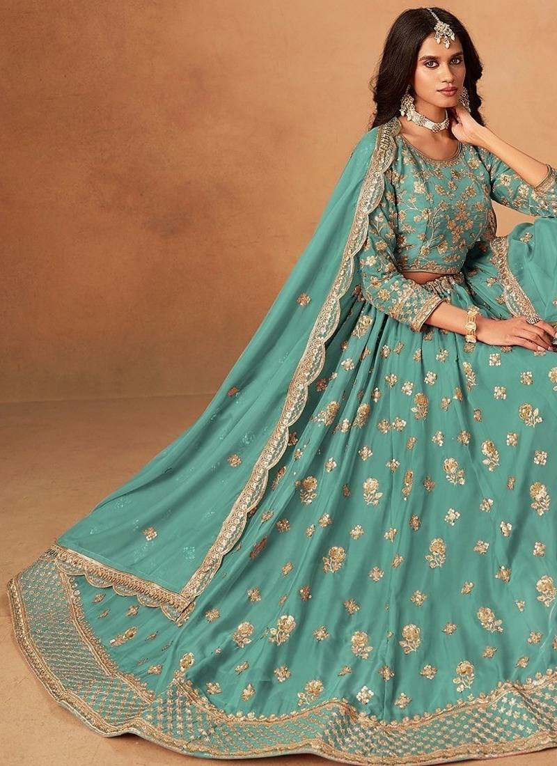Sea Green Organza Embroidered Semi Stitched Lehenga Choli Size Up To 42