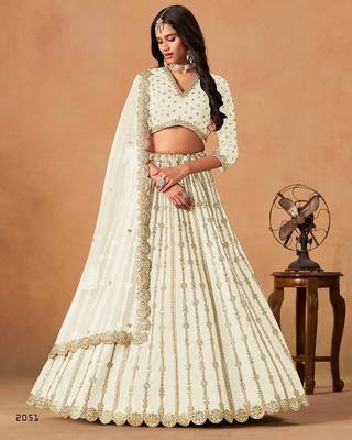 White Art Silk Embroidered Semi Stitched Lehenga Choli Size Up To 42 1