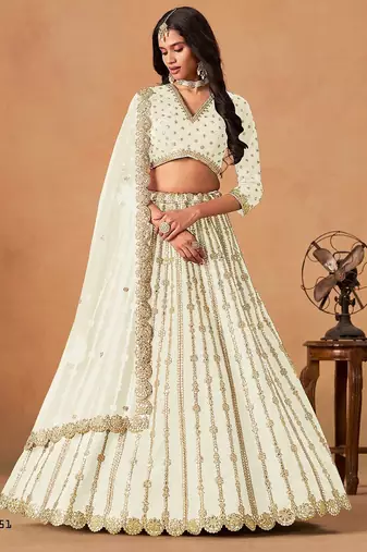 White Art Silk Embroidered Semi Stitched Lehenga Choli Size Up To 42