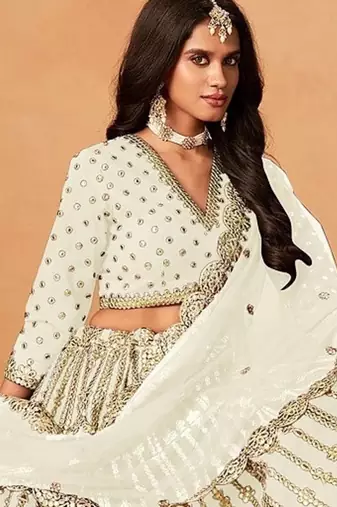 White Art Silk Embroidered Semi Stitched Lehenga Choli Size Up To 42
