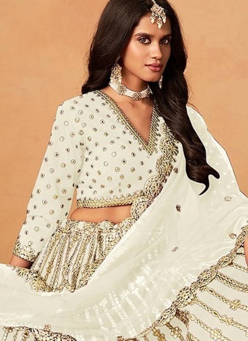 White Art Silk Embroidered Semi Stitched Lehenga Choli Size Up To 42
