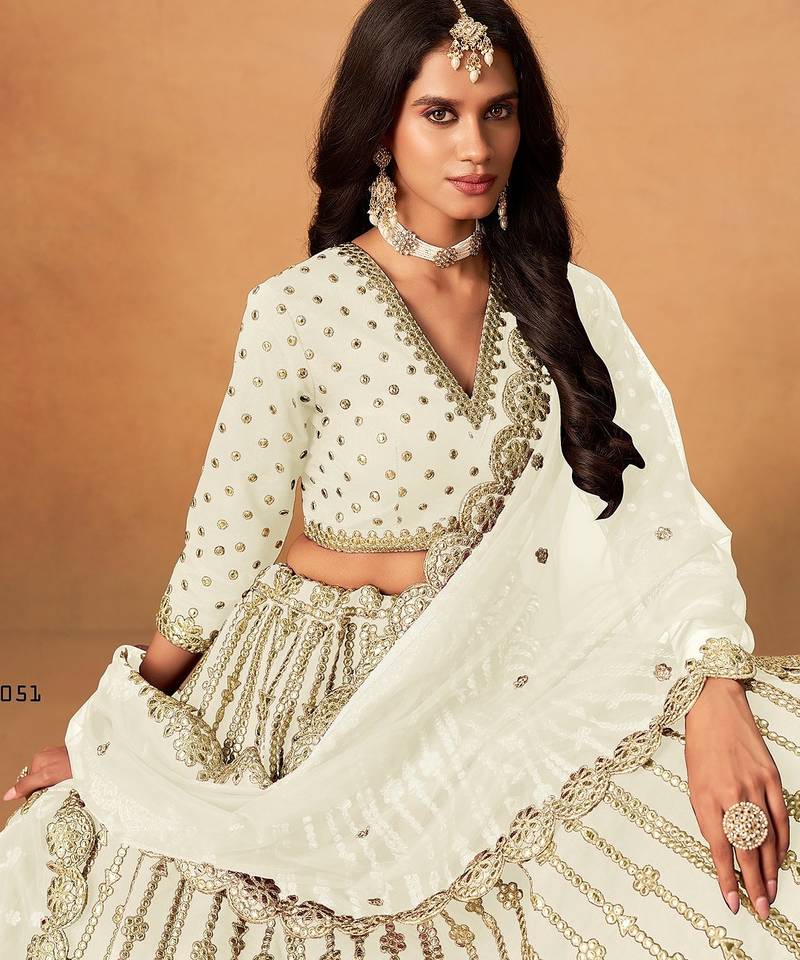 White Art Silk Embroidered Semi Stitched Lehenga Choli Size Up To 42
