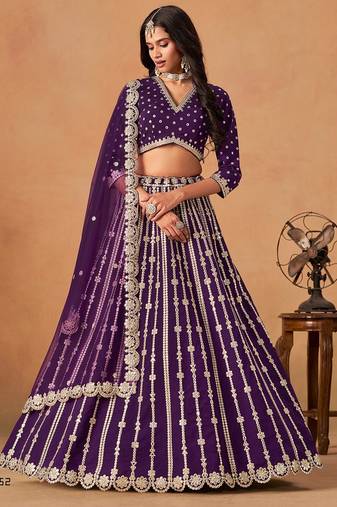 Violet Art Silk Embroidered Semi Stitched Lehenga Choli Size Up To 42