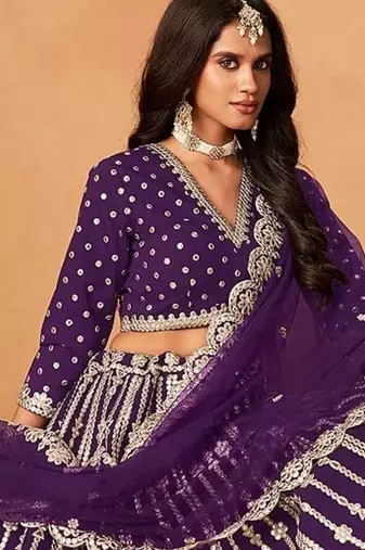 Violet Art Silk Embroidered Semi Stitched Lehenga Choli Size Up To 42