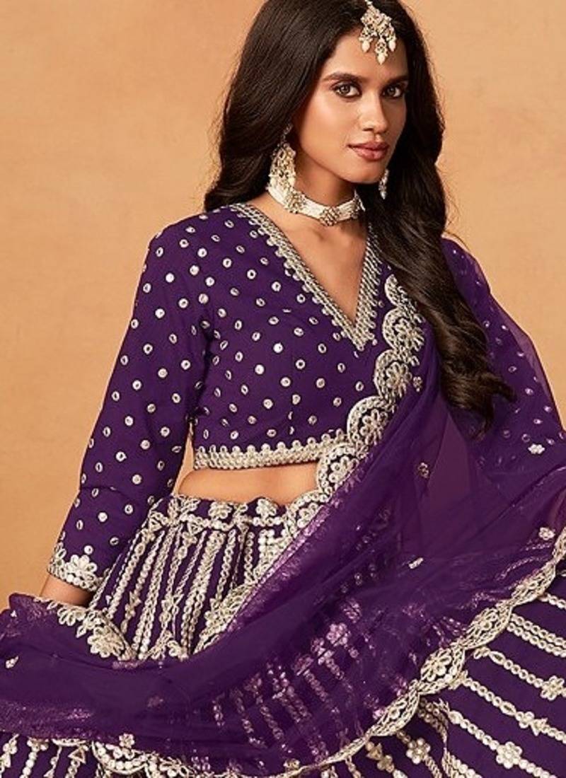 Violet Art Silk Embroidered Semi Stitched Lehenga Choli Size Up To 42