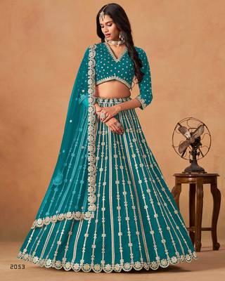 Blue Art Silk Embroidered Semi Stitched Lehenga Choli Size Up To 42 1