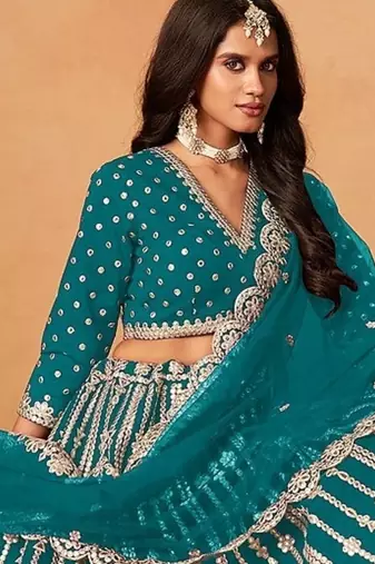 Blue Art Silk Embroidered Semi Stitched Lehenga Choli Size Up To 42