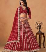 Red Art Silk Embroidered Semi Stitched Lehenga Choli Size Up To 42