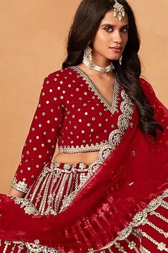 Red Art Silk Embroidered Semi Stitched Lehenga Choli Size Up To 42