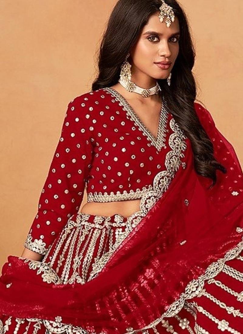 Red Art Silk Embroidered Semi Stitched Lehenga Choli Size Up To 42