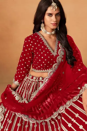 Red Art Silk Embroidered Semi Stitched Lehenga Choli Size Up To 42