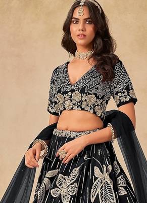 Black Art Silk Embroidered Semi Stitched Lehenga Choli Size Up To 42 2