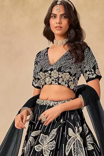 Black Art Silk Embroidered Semi Stitched Lehenga Choli Size Up To 42