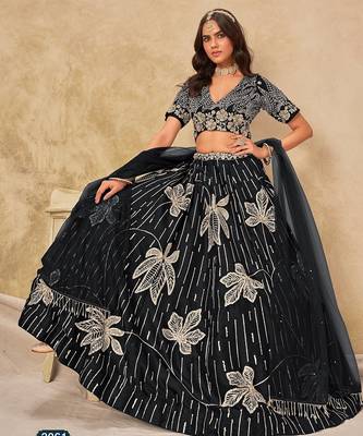 Black Art Silk Embroidered Semi Stitched Lehenga Choli Size Up To 42 1
