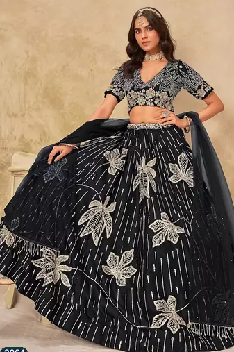Black Art Silk Embroidered Semi Stitched Lehenga Choli Size Up To 42