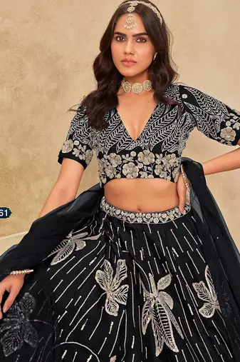 Black Art Silk Embroidered Semi Stitched Lehenga Choli Size Up To 42
