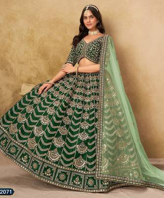Green Art Silk Embroidered Semi Stitched Lehenga Choli Size Up To 42 2