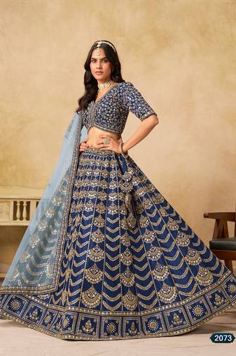 Blue Art Silk Embroidered Semi Stitched Lehenga Choli Size Up To 42