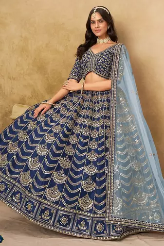Blue Art Silk Embroidered Semi Stitched Lehenga Choli Size Up To 42