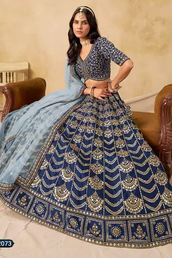 Blue Art Silk Embroidered Semi Stitched Lehenga Choli Size Up To 42