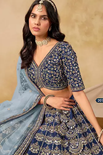 Blue Art Silk Embroidered Semi Stitched Lehenga Choli Size Up To 42
