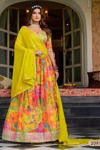 Yellow Art Silk Floral Print Semi Stitched Lehenga Choli Size Up To 42