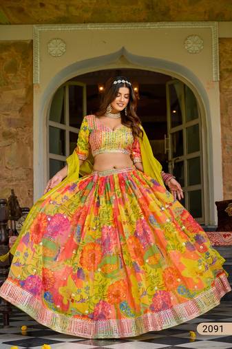 Yellow Art Silk Floral Print Semi Stitched Lehenga Choli Size Up To 42