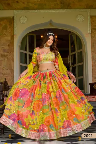 Yellow Art Silk Floral Print Semi Stitched Lehenga Choli Size Up To 42