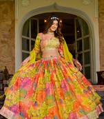 Yellow Art Silk Floral Print Semi Stitched Lehenga Choli Size Up To 42