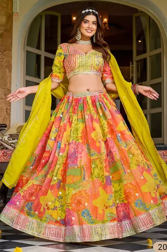 Yellow Art Silk Floral Print Semi Stitched Lehenga Choli Size Up To 42