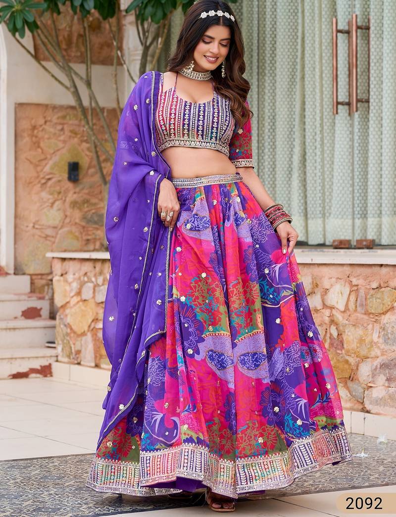Violet Art Silk Floral Print Semi Stitched Lehenga Choli Size Up To 42