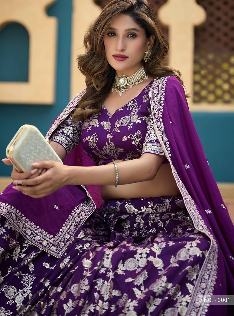 Violet Jacquard Embroidered Semi Stitched Lehenga Choli Size Up To 42