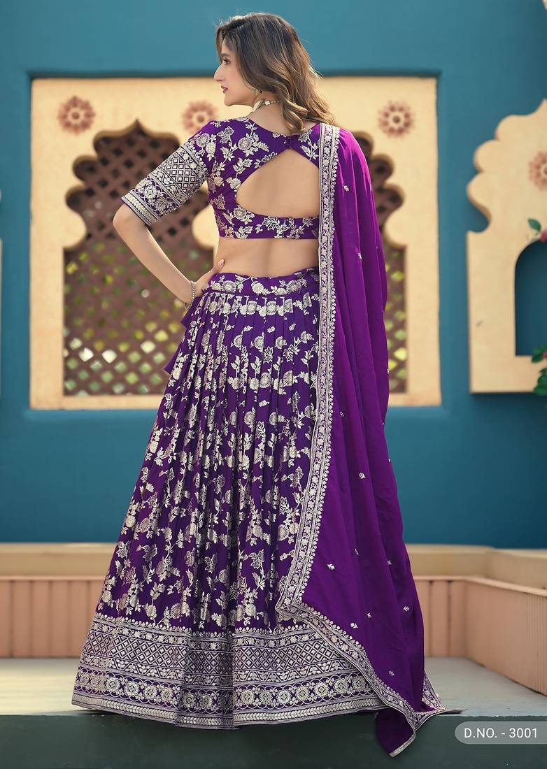 Violet Jacquard Embroidered Semi Stitched Lehenga Choli Size Up To 42