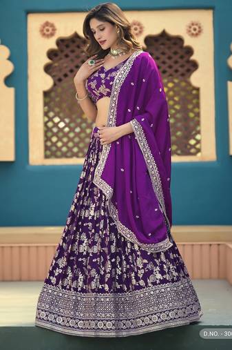 Violet Jacquard Embroidered Semi Stitched Lehenga Choli Size Up To 42