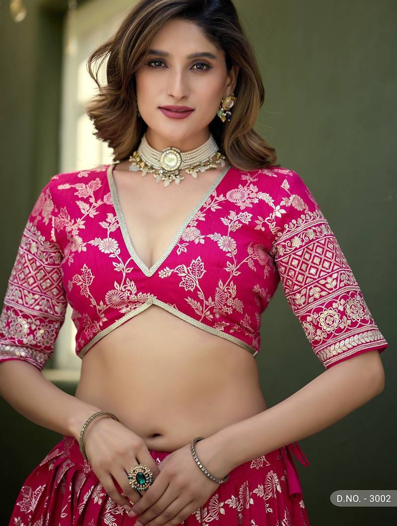 Pink Jacquard Embroidered Semi Stitched Lehenga Choli Size Up To 42