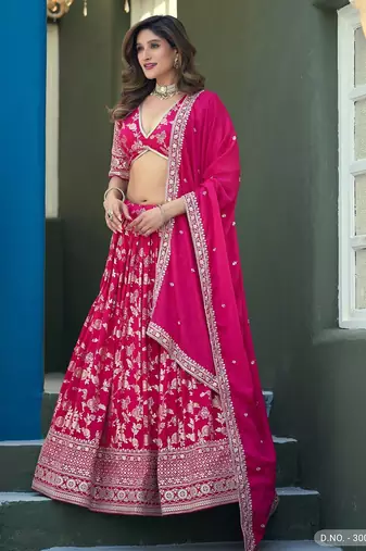 Pink Jacquard Embroidered Semi Stitched Lehenga Choli Size Up To 42