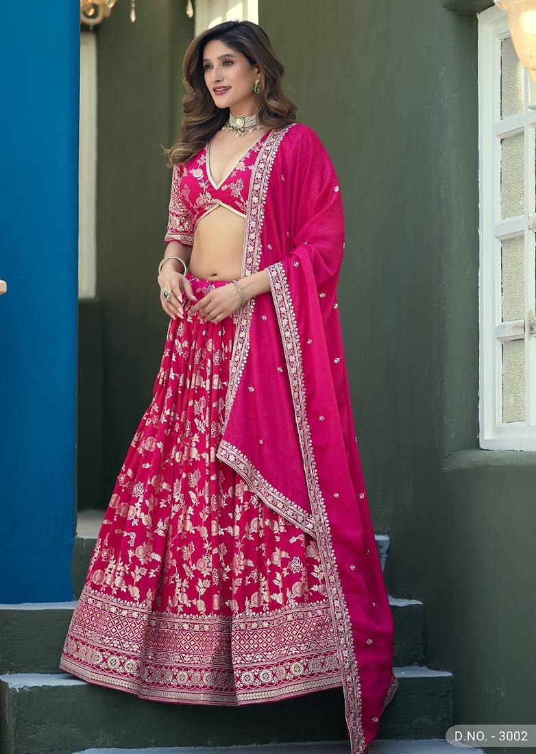 Pink Jacquard Embroidered Semi Stitched Lehenga Choli Size Up To 42
