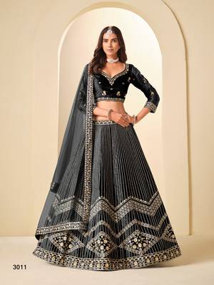 Black Velvet Embroidered Semi Stitched Lehenga Choli Size Up To 42 1