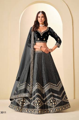 Black Velvet Embroidered Semi Stitched Lehenga Choli Size Up To 42