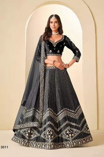 Black Velvet Embroidered Semi Stitched Lehenga Choli Size Up To 42