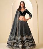 Black Velvet Embroidered Semi Stitched Lehenga Choli Size Up To 42